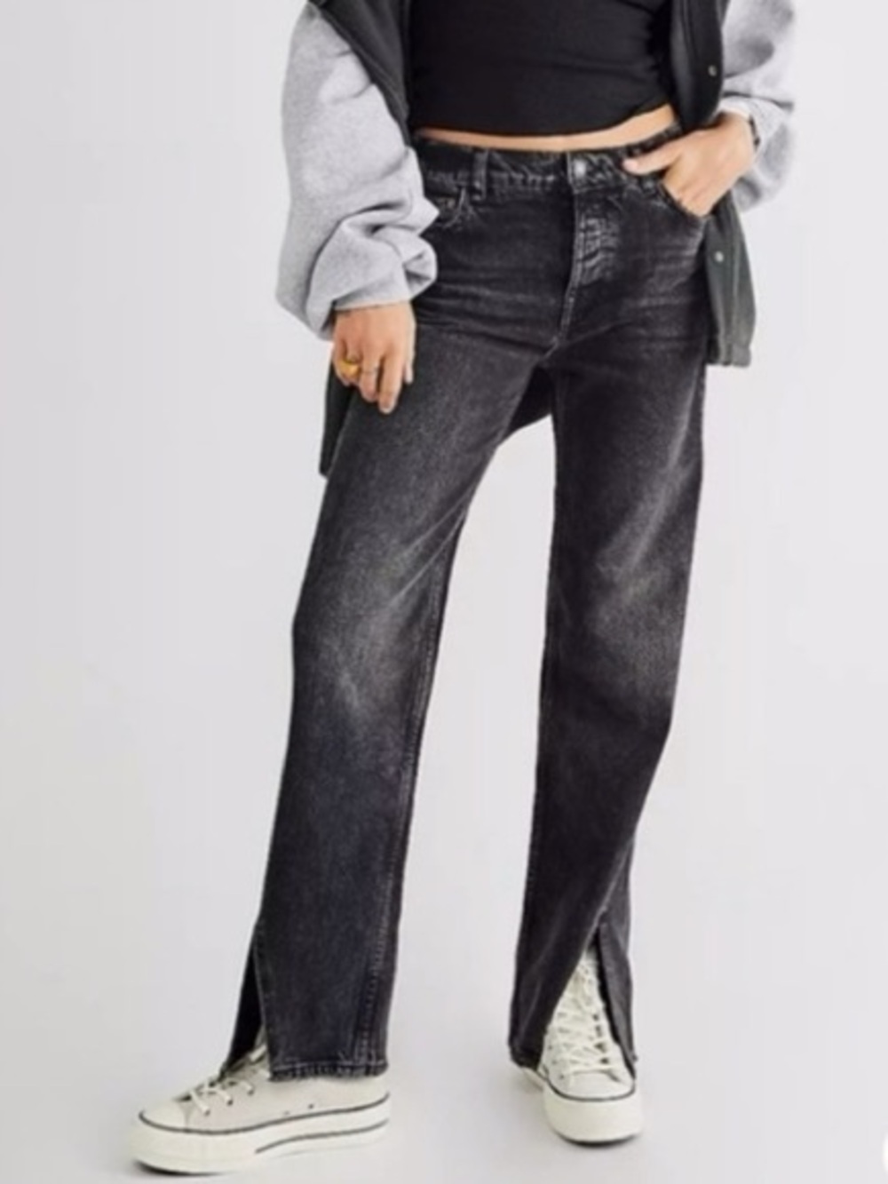 Free People Long Lines Slit Front High Rise Straight Leg Jeans Rockin Black 25 - Picture 2 of 8